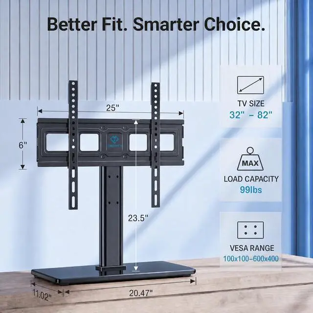 Alt view image 7 of 7 - Universal TV Stand for 32-82 inch LCD LED OLED 4K Flat Screen TVs-Height Adjustable TV Mount Stand with Tempered Glass Base, VESA 600x400mm, Holds up to 99lbs PSTVS11