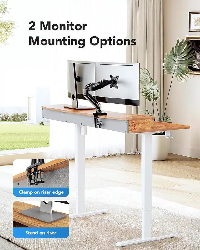 Alt view image 4 of 7 - 48 x 24 Electric Standing Desk with 2 Drawers, C-Clamp Mount Compatible, Height Adjustable Computer Desk, Home Office Stand Up Desk with 4 Preset Heights & 2 Hooks, Light Vintage
