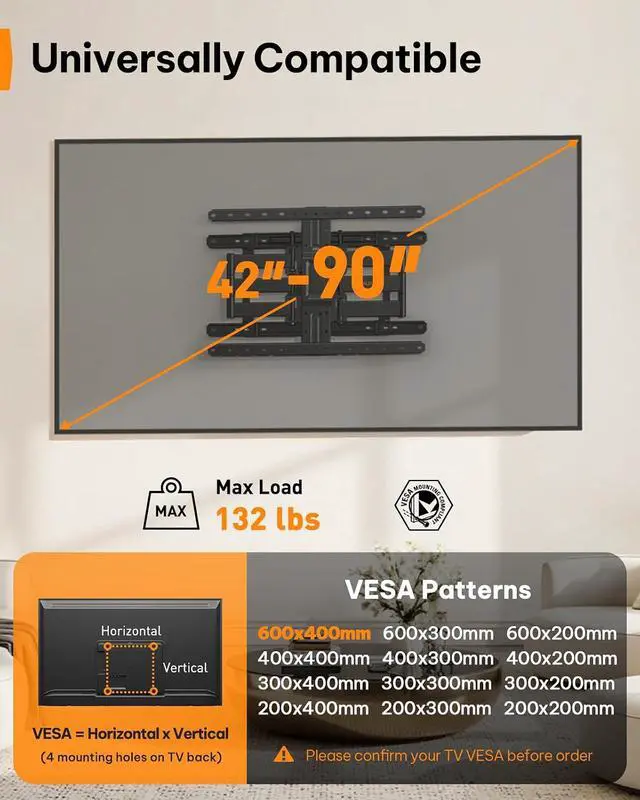 Alt view image 2 of 7 - Ultra Slim TV Wall Mount 1.1" Low Profile for 42-90" TVs, Fits 16"/24" Studs, Full Motion TV Mount Wall Bracket with Dual Articulating Arms, Swivel, Tilt, Max VESA 600x400mm, Holds 132lbs