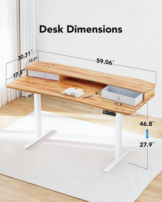 Alt view image 3 of 7 - 60 x 30 Electric Standing Desk with 2 Drawers, C-Clamp Mount Compatible, Height Adjustable Computer Desk, Home Office Stand Up Desk with 4 Preset Heights & 2 Hooks, Light Vintage