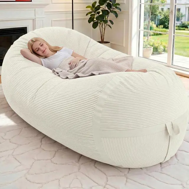 Main image of Bean Bag Chair, 6FT Giant Bean Bag Chair with Memory Foam, Ultra-Soft Corduroy Cover & Zipper Design, Portable Handle Comfy Bean Bag Sofa for Living Room, Bedroom, No Assembly - Whtie
