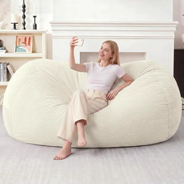 Alt view image 3 of 6 - Bean Bag Chair, 6FT Giant Bean Bag Chair with Memory Foam, Ultra-Soft Corduroy Cover & Zipper Design, Portable Handle Comfy Bean Bag Sofa for Living Room, Bedroom, No Assembly - Whtie