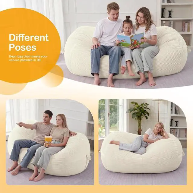 Alt view image 4 of 6 - Bean Bag Chair, 6FT Giant Bean Bag Chair with Memory Foam, Ultra-Soft Corduroy Cover & Zipper Design, Portable Handle Comfy Bean Bag Sofa for Living Room, Bedroom, No Assembly - Whtie