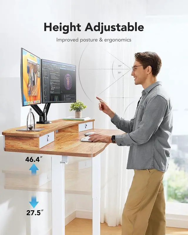 Alt view image 6 of 7 - 48 x 24 Electric Standing Desk with 2 Drawers, C-Clamp Mount Compatible, Height Adjustable Computer Desk, Home Office Stand Up Desk with 4 Preset Heights & 2 Hooks, Light Vintage