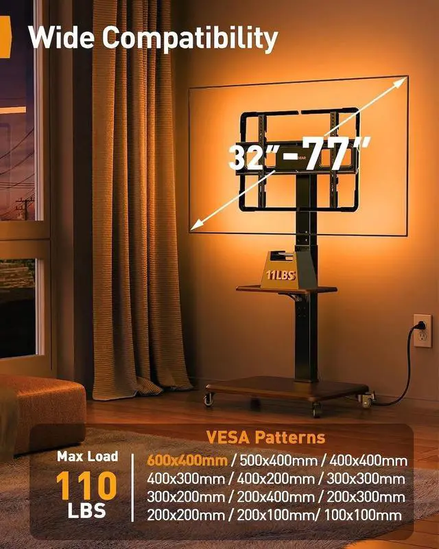 Alt view image 2 of 7 - Rolling TV Stand with LED Lights and Power Outlet for 32-77 TVs | 16M colors music sync LED, ±30° swivel ±8° tilt, 3 AC + 2 USB ports, 6.5ft cable, fits 32-77" TVs up to 110 lbs, wood base