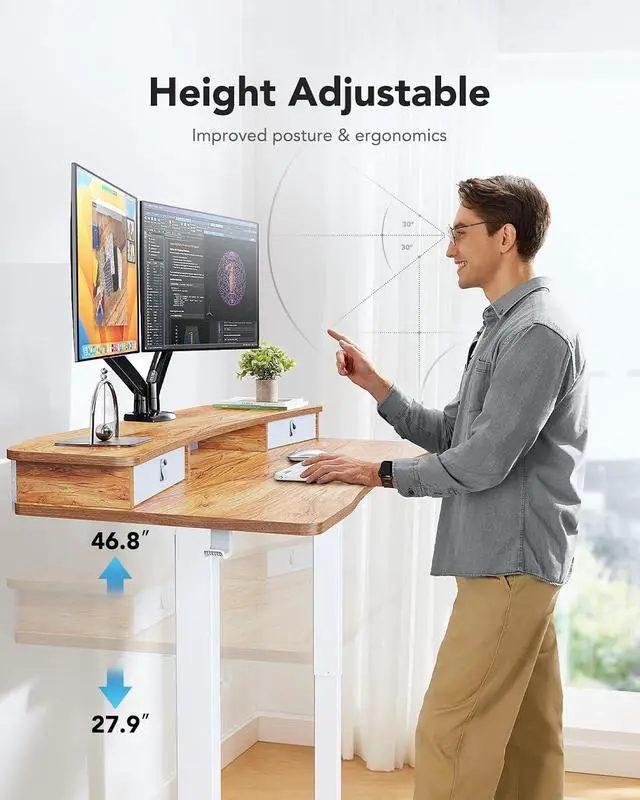 Alt view image 6 of 7 - 60 x 30 Electric Standing Desk with 2 Drawers, C-Clamp Mount Compatible, Height Adjustable Computer Desk, Home Office Stand Up Desk with 4 Preset Heights & 2 Hooks, Light Vintage