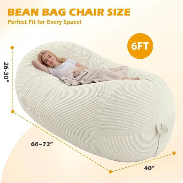 Alt view image 2 of 6 - Bean Bag Chair, 6FT Giant Bean Bag Chair with Memory Foam, Ultra-Soft Corduroy Cover & Zipper Design, Portable Handle Comfy Bean Bag Sofa for Living Room, Bedroom, No Assembly - Whtie