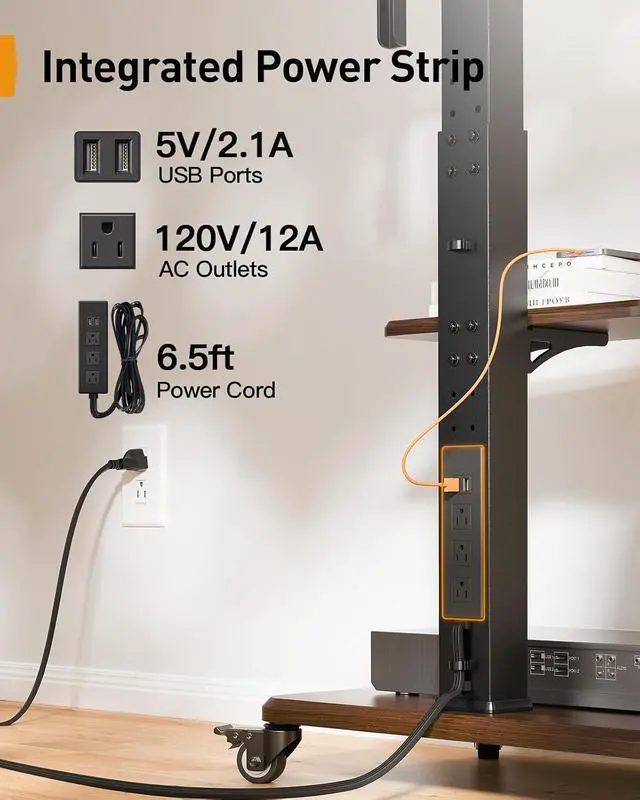 Alt view image 5 of 7 - Rolling TV Stand with LED Lights and Power Outlet for 32-77 TVs | 16M colors music sync LED, ±30° swivel ±8° tilt, 3 AC + 2 USB ports, 6.5ft cable, fits 32-77" TVs up to 110 lbs, wood base