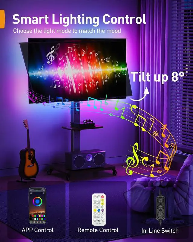 Alt view image 4 of 7 - Rolling TV Stand with LED Lights and Power Outlet for 32-77 TVs | 16M colors music sync LED, ±30° swivel ±8° tilt, 3 AC + 2 USB ports, 6.5ft cable, fits 32-77" TVs up to 110 lbs, wood base