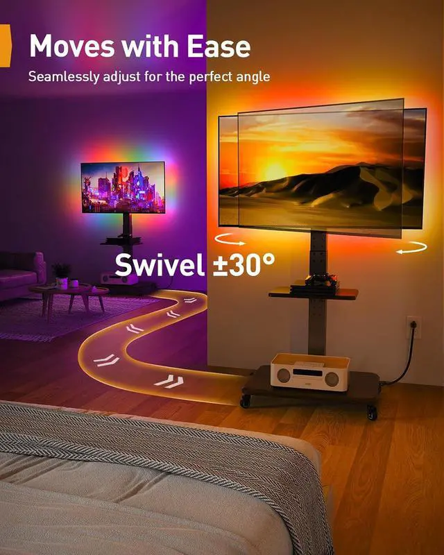 Alt view image 6 of 7 - Rolling TV Stand with LED Lights and Power Outlet for 32-77 TVs | 16M colors music sync LED, ±30° swivel ±8° tilt, 3 AC + 2 USB ports, 6.5ft cable, fits 32-77" TVs up to 110 lbs, wood base