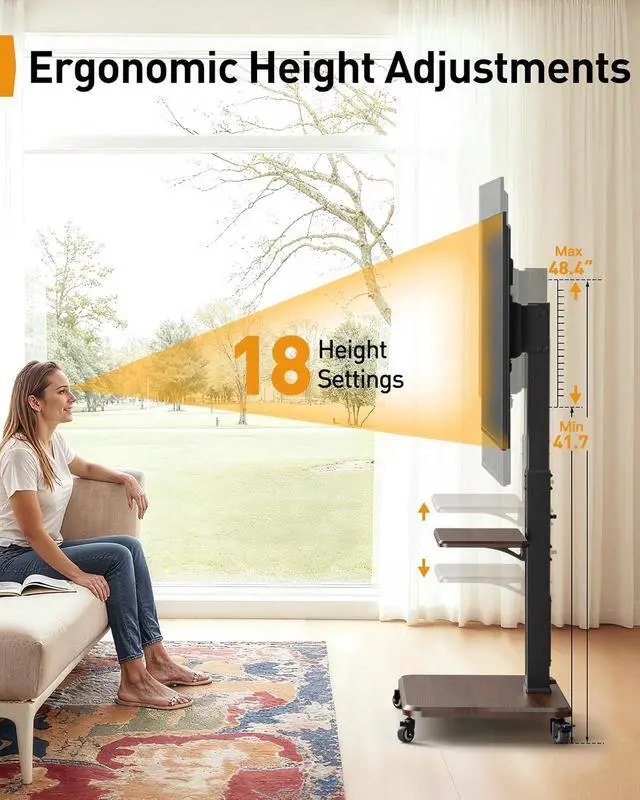 Alt view image 7 of 7 - Rolling TV Stand with LED Lights and Power Outlet for 32-77 TVs | 16M colors music sync LED, ±30° swivel ±8° tilt, 3 AC + 2 USB ports, 6.5ft cable, fits 32-77" TVs up to 110 lbs, wood base