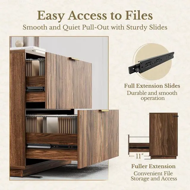 Alt view image 7 of 7 - 2 Drawer Fluted File Cabinet, 32'' Lateral File Cabinet for Legal/Letter/A4/F4 Size Hanging Files, Wood File Storage for Home Office, Black Walnut