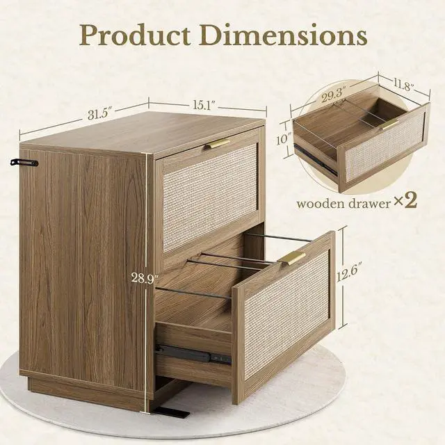 Alt view image 4 of 7 - Home Office Furniture Set, 63'' Electric Standing Desk with 73'' Bookshelf and 2 Drawer Lateral File Cabinet, Office Furniture Desk Sets, Rattan Style Natural Oak