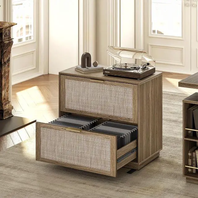 Main image of 32'' 2 Drawer Lateral File Cabinet for Home Office, Natural Oak | Wood Rattan Filing Cabinet, Fits for Legal/Letter/A4 Files, Extended Surface Space for Printer