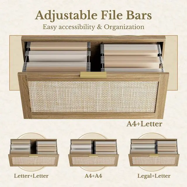 Alt view image 4 of 7 - 32'' 2 Drawer Lateral File Cabinet for Home Office, Natural Oak | Wood Rattan Filing Cabinet, Fits for Legal/Letter/A4 Files, Extended Surface Space for Printer