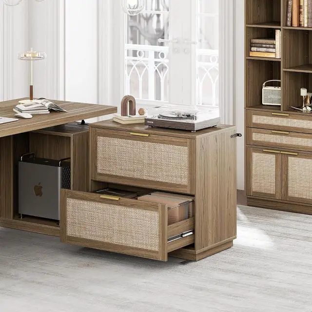 Alt view image 6 of 7 - 32'' 2 Drawer Lateral File Cabinet for Home Office, Natural Oak | Wood Rattan Filing Cabinet, Fits for Legal/Letter/A4 Files, Extended Surface Space for Printer