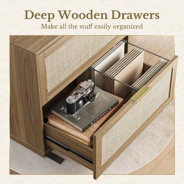 Alt view image 5 of 7 - 32'' 2 Drawer Lateral File Cabinet for Home Office, Natural Oak | Wood Rattan Filing Cabinet, Fits for Legal/Letter/A4 Files, Extended Surface Space for Printer