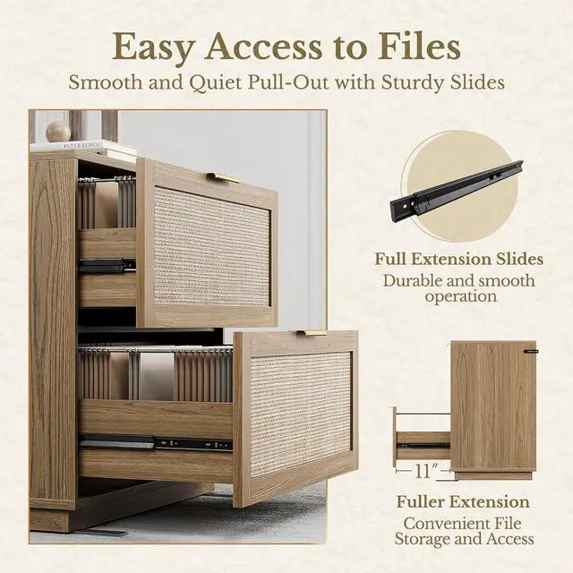 Alt view image 7 of 7 - 32'' 2 Drawer Lateral File Cabinet for Home Office, Natural Oak | Wood Rattan Filing Cabinet, Fits for Legal/Letter/A4 Files, Extended Surface Space for Printer