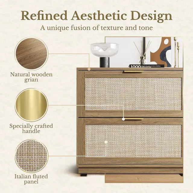 Alt view image 3 of 7 - 32'' 2 Drawer Lateral File Cabinet for Home Office, Natural Oak | Wood Rattan Filing Cabinet, Fits for Legal/Letter/A4 Files, Extended Surface Space for Printer
