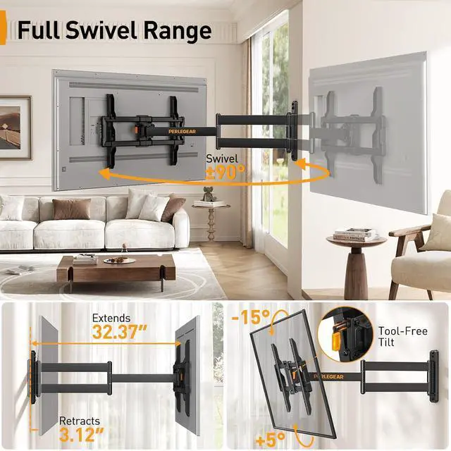 Alt view image 4 of 7 - Corner TV Wall Mount Long Arm TV Mount Bracket for 37-75 Inch TVs-Full Motion Wall Mount with 32.37 Extension & Swivel Articulating Arm & Tilt, MAX VESA 600x400mm, Holds up to 100 lbs