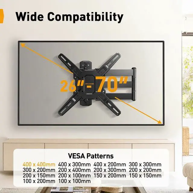 Alt view image 2 of 7 - Long Arm TV Wall Mount for 26-70 inch TVs up to 100 lbs, Corner TV Mount Bracket with 31.65 Extension, Swivel, Tilt Articulating Arms, Max VESA 400x400mm, Full Motion Wall Mount PGMF25B