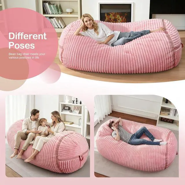 Alt view image 4 of 6 - Bean Bag Chair 6FT Giant Bean Bag Chairs for Adults with Memory Foam Filled,6'Beanbag Chair with Soft Faux Fur Cover,Comfy Bean Bag Bed Bean Bag Sofa Lounger for Living Room,Bedroom-Pink