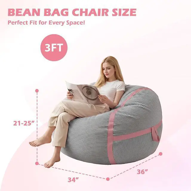 Alt view image 2 of 7 - Bean Bag Chair, 3FT Large Bean Bag Chair with Memory Foam, Ultra-Soft Corduroy Cover & Zipper Design, Portable Handle Comfy Bean Bag Sofa for Living Room, No Assembly - Light Grey & Pink