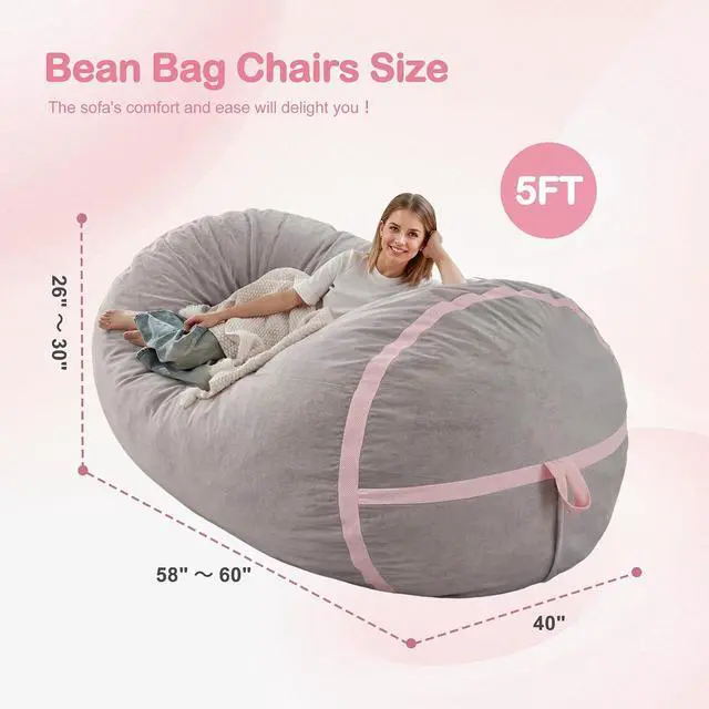 Alt view image 2 of 6 - 5ft Bean Bag Chair Giant Bean Bag Chairs for Adults with Memory Foam Filled, Large Beanbag Chair with Removable Dutch Velvet Cover for Living Room, Bedroom, Dorm, Light Grey & Pink