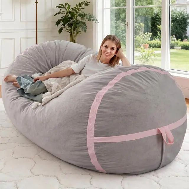 Main image of 5ft Bean Bag Chair Giant Bean Bag Chairs for Adults with Memory Foam Filled, Large Beanbag Chair with Removable Dutch Velvet Cover for Living Room, Bedroom, Dorm, Light Grey & Pink