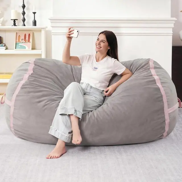 Alt view image 3 of 6 - 5ft Bean Bag Chair Giant Bean Bag Chairs for Adults with Memory Foam Filled, Large Beanbag Chair with Removable Dutch Velvet Cover for Living Room, Bedroom, Dorm, Light Grey & Pink