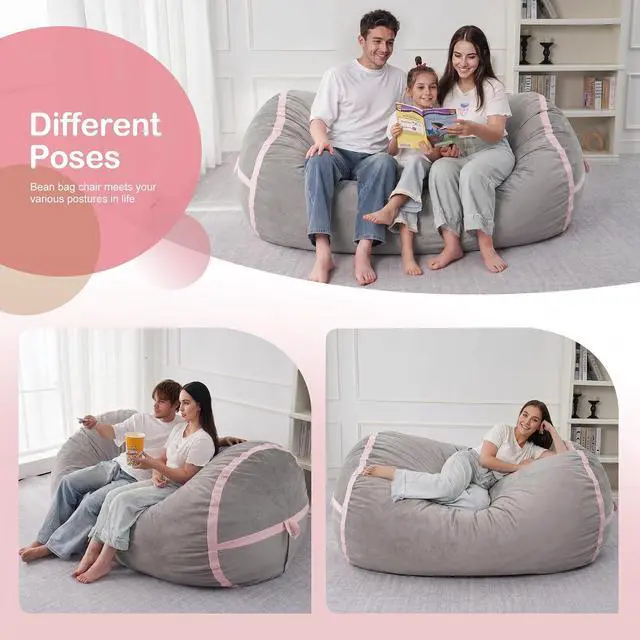 Alt view image 5 of 6 - 5ft Bean Bag Chair Giant Bean Bag Chairs for Adults with Memory Foam Filled, Large Beanbag Chair with Removable Dutch Velvet Cover for Living Room, Bedroom, Dorm, Light Grey & Pink