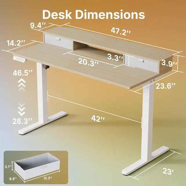Alt view image 2 of 7 - 47.2" X 23.6" Electric Standing Desk with 2 Drawers, C-Clamp Mount Compatible, Height Adjustable Computer Desk, Home Office Stand Up Desk with 4 Preset Heights & 2 Hooks, Light Walnut