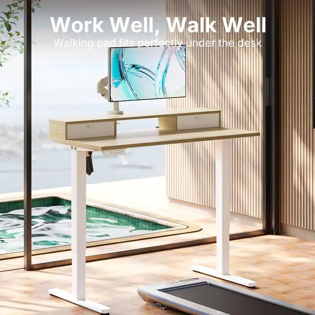 Alt view image 6 of 7 - 40" X 24" Electric Standing Desk with 2 Drawers, C-Clamp Mount Compatible, Height Adjustable Computer Desk, Home Office Stand Up Desk with 4 Preset Heights & 2 Hooks, Light Walnut