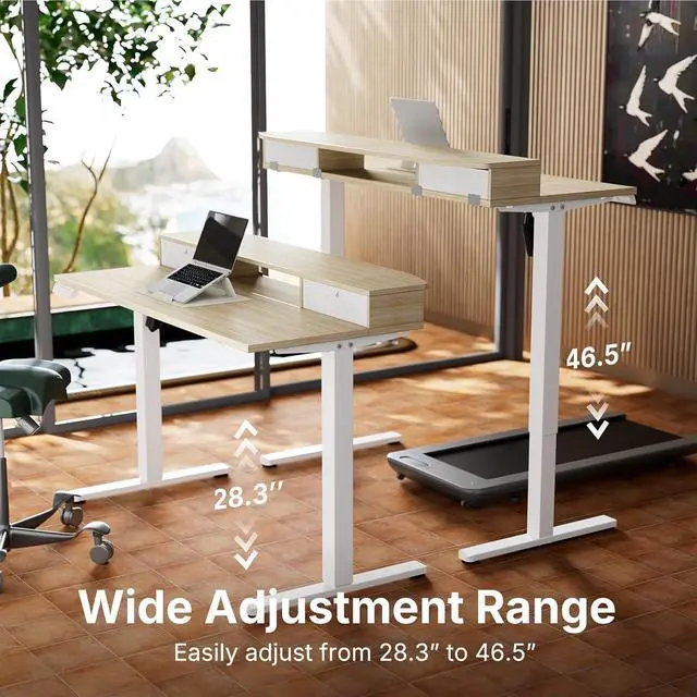 Alt view image 7 of 7 - 40" X 24" Electric Standing Desk with 2 Drawers, C-Clamp Mount Compatible, Height Adjustable Computer Desk, Home Office Stand Up Desk with 4 Preset Heights & 2 Hooks, Light Walnut