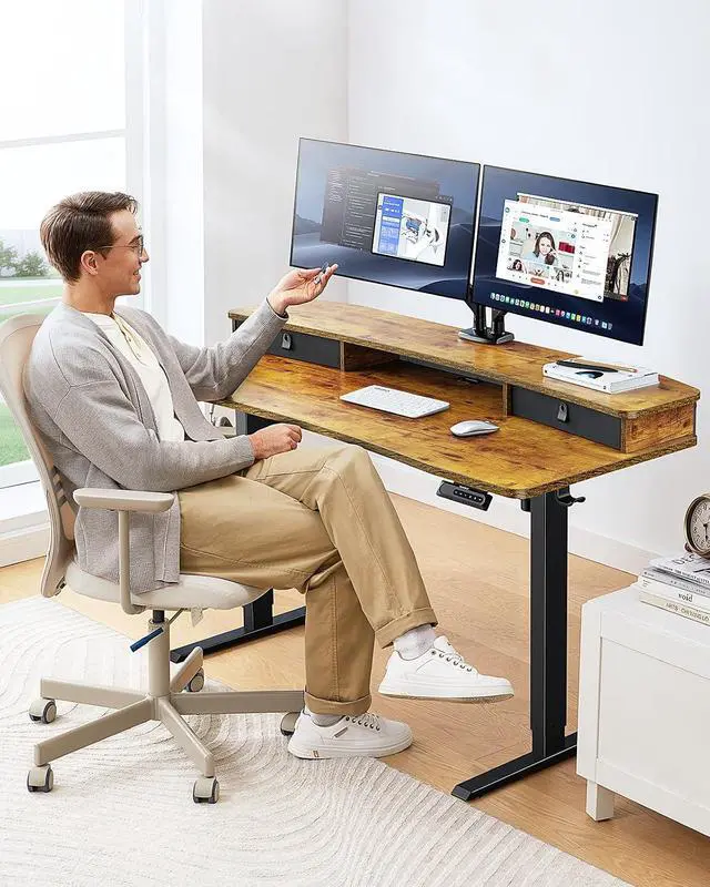 Alt view image 2 of 7 - 60 x 30 Electric Standing Desk with 2 Drawers, C-Clamp Mount Compatible, Height Adjustable Computer Desk, Home Office Stand Up Desk with 4 Preset Heights & 2 Hooks, Vintage Brown