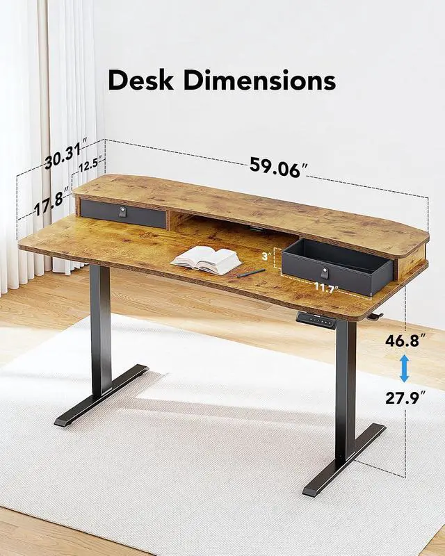 Alt view image 3 of 7 - 60 x 30 Electric Standing Desk with 2 Drawers, C-Clamp Mount Compatible, Height Adjustable Computer Desk, Home Office Stand Up Desk with 4 Preset Heights & 2 Hooks, Vintage Brown