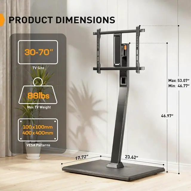 Alt view image 6 of 7 - Rolling TV Stand with Power Outlet, Tilt and Swivel Mobile TV Cart with Hidden Casters, Fits 30-70 Inch TVs, Height-Adjustable, 88 lbs Load Capacity, Max VESA 400x400mm, PGTVMC20