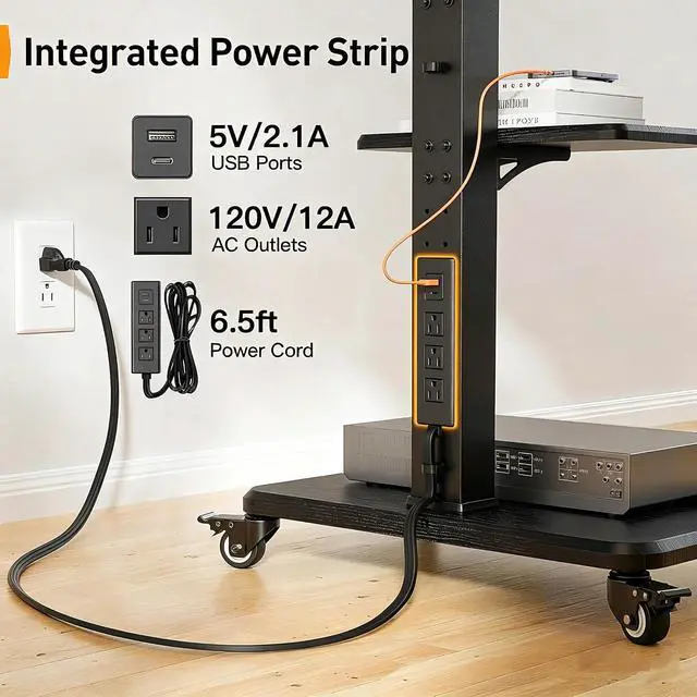 Alt view image 2 of 7 - Mobile TV Stand with Power Outlet, Tilt & Swivel Rolling TV Stand for 32-75 inches TVs up to 110 lbs, 12 Height Adjustable Rolling TV Cart with Wheels, Max VESA 600x400mm, PGTVMC17