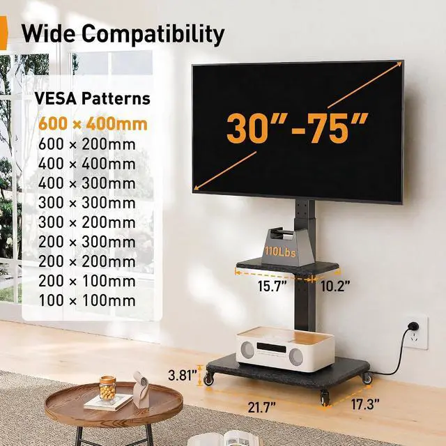 Alt view image 3 of 7 - Mobile TV Stand with Power Outlet, Tilt & Swivel Rolling TV Stand for 32-75 inches TVs up to 110 lbs, 12 Height Adjustable Rolling TV Cart with Wheels, Max VESA 600x400mm, PGTVMC17