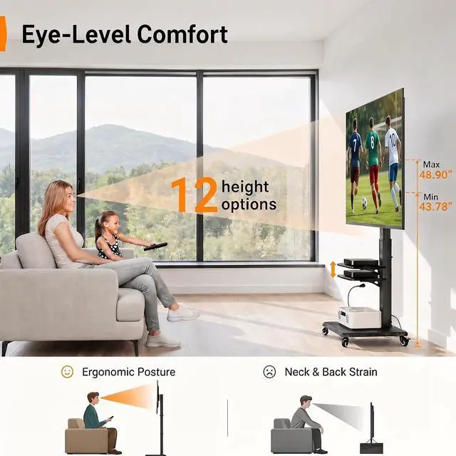 Alt view image 4 of 7 - Mobile TV Stand with Power Outlet, Tilt & Swivel Rolling TV Stand for 32-75 inches TVs up to 110 lbs, 12 Height Adjustable Rolling TV Cart with Wheels, Max VESA 600x400mm, PGTVMC17