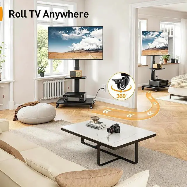 Alt view image 6 of 7 - Mobile TV Stand with Power Outlet, Tilt & Swivel Rolling TV Stand for 32-75 inches TVs up to 110 lbs, 12 Height Adjustable Rolling TV Cart with Wheels, Max VESA 600x400mm, PGTVMC17