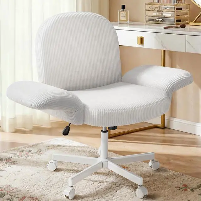 Main image of Criss Cross Office Chair for Women, Cross Legged Desk Chair with Adjustable Armrests, Soft Corduroy Fabric for Small Spaces, Petite Home Office Computer Chair for Girls, White