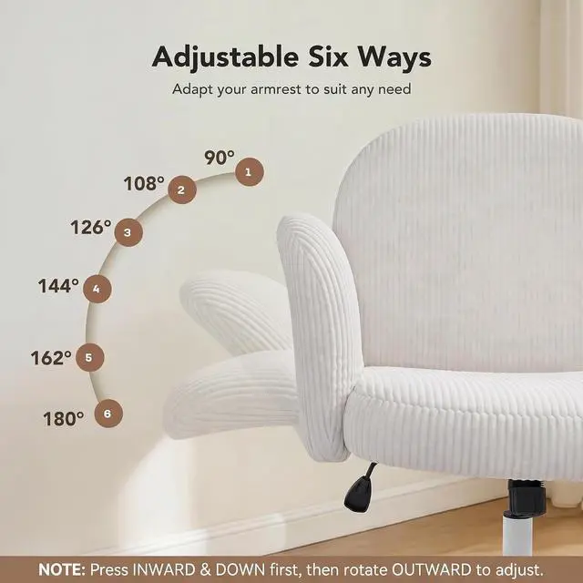 Alt view image 4 of 7 - Criss Cross Office Chair for Women, Cross Legged Desk Chair with Adjustable Armrests, Soft Corduroy Fabric for Small Spaces, Petite Home Office Computer Chair for Girls, White