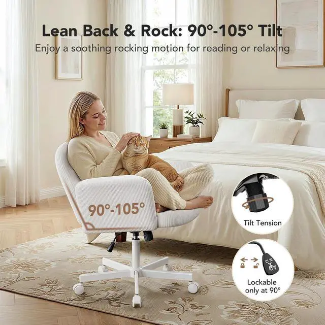 Alt view image 7 of 7 - Criss Cross Office Chair for Women, Cross Legged Desk Chair with Adjustable Armrests, Soft Corduroy Fabric for Small Spaces, Petite Home Office Computer Chair for Girls, White
