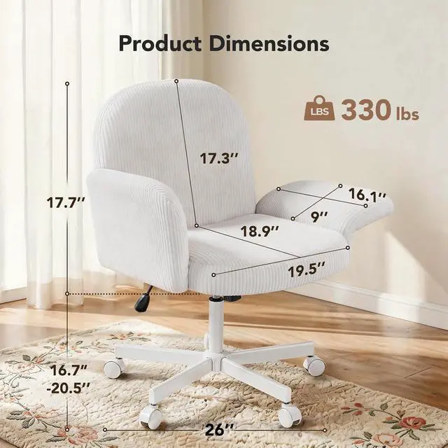 Alt view image 2 of 7 - Criss Cross Office Chair for Women, Cross Legged Desk Chair with Adjustable Armrests, Soft Corduroy Fabric for Small Spaces, Petite Home Office Computer Chair for Girls, White