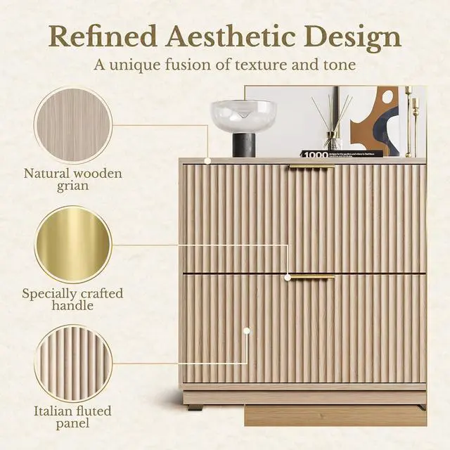 Alt view image 3 of 7 - 2 Drawer Fluted File Cabinet, 32'' Lateral File Cabinet for Legal/Letter/A4/F4 Size Hanging Files, Wood File Storage for Home Office, Natural Walnut