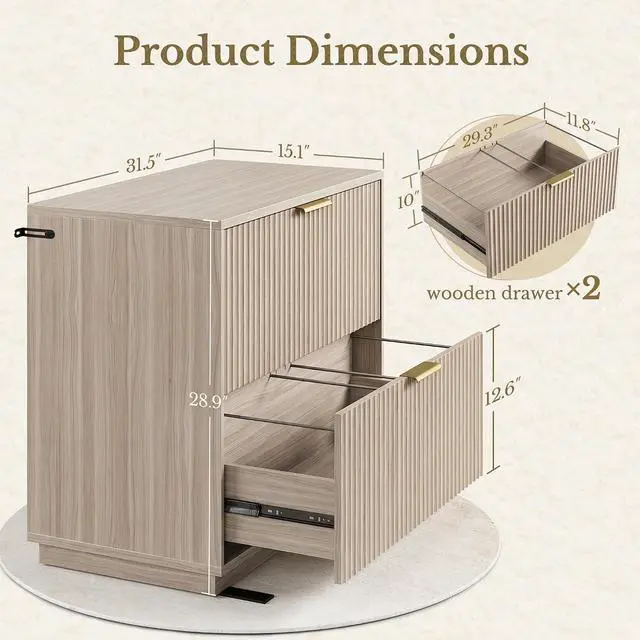 Alt view image 2 of 7 - 2 Drawer Fluted File Cabinet, 32'' Lateral File Cabinet for Legal/Letter/A4/F4 Size Hanging Files, Wood File Storage for Home Office, Natural Walnut