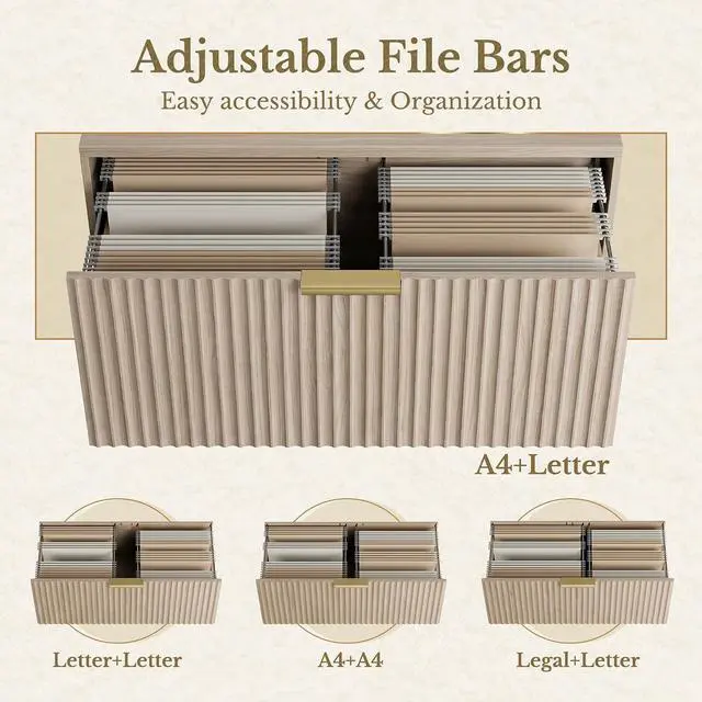 Alt view image 4 of 7 - 2 Drawer Fluted File Cabinet, 32'' Lateral File Cabinet for Legal/Letter/A4/F4 Size Hanging Files, Wood File Storage for Home Office, Natural Walnut