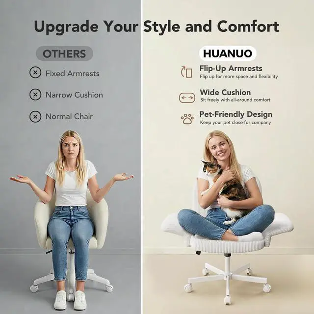 Alt view image 6 of 7 - Criss Cross Office Chair for Women, Cross Legged Desk Chair with Adjustable Armrests, Soft Corduroy Fabric for Small Spaces, Petite Home Office Computer Chair for Girls, White
