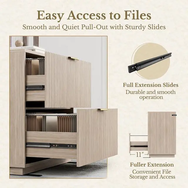Alt view image 7 of 7 - 2 Drawer Fluted File Cabinet, 32'' Lateral File Cabinet for Legal/Letter/A4/F4 Size Hanging Files, Wood File Storage for Home Office, Natural Walnut